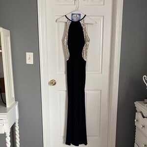 Black Evening Gown with Gold Sequin Accents